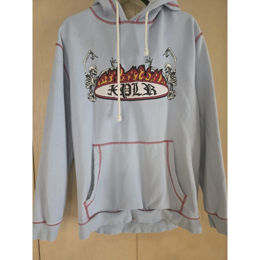 XPLR Hoodie Large Light Blue Skeleton Flames Embroidered Pullover Cotton